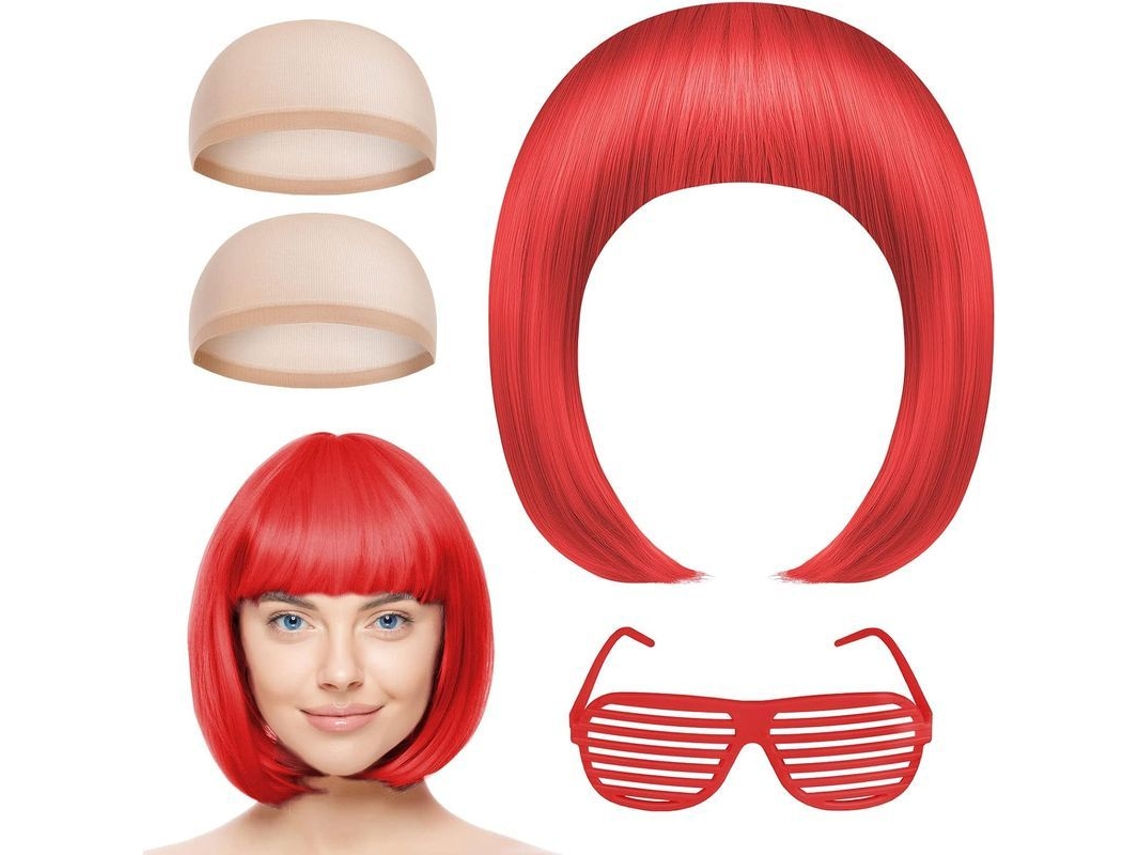 Kit com 4 perucas bob vermelhas curtas, óculos, luva de peruca, festa neon, cosplay
