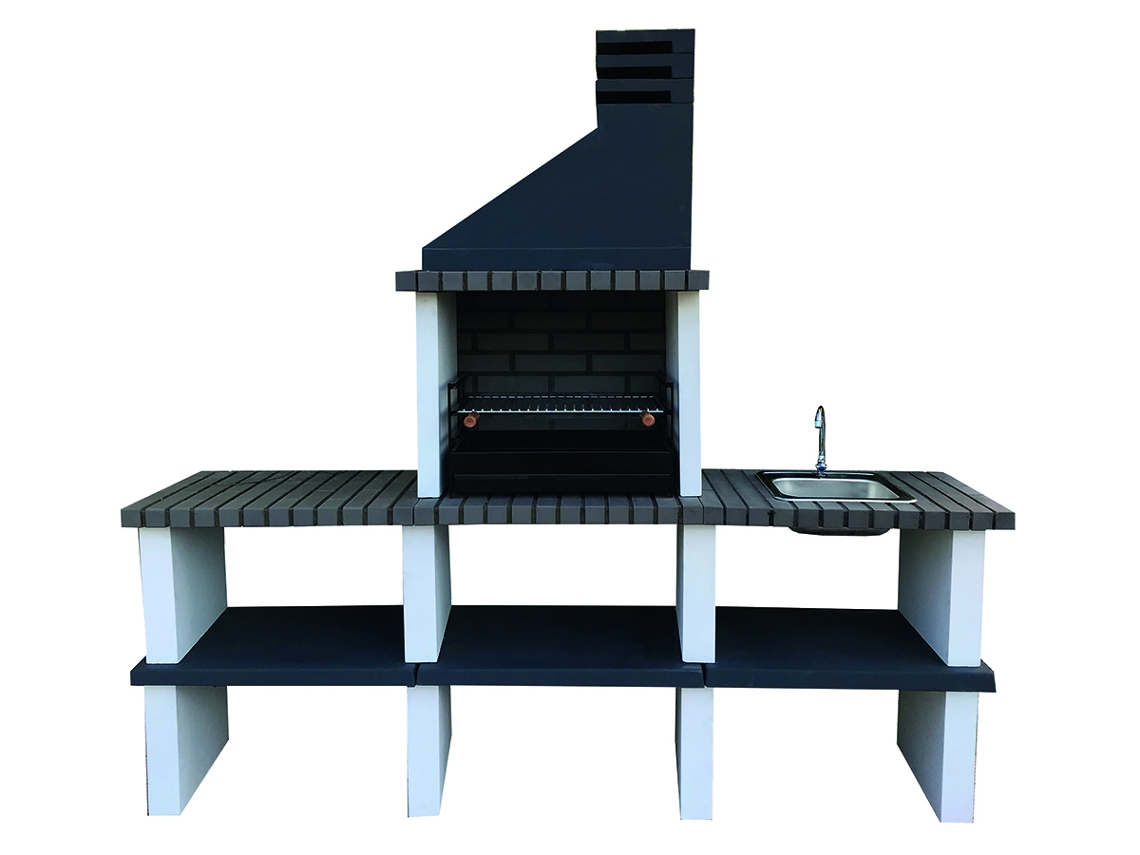 Churrasqueira NESH Bbq Partner - com 4 Bancadas, Produzida Em Tijolo Cinza e Betão, Betão Pintado de Branco e Preto - 219x57x209cm