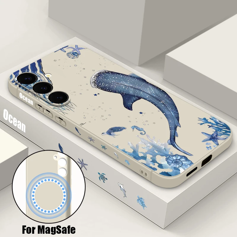 (branco) Capa Magnética Macia Com Estampa De Baleia Oceânica Para Galaxy S24 Ultra Com Cordão