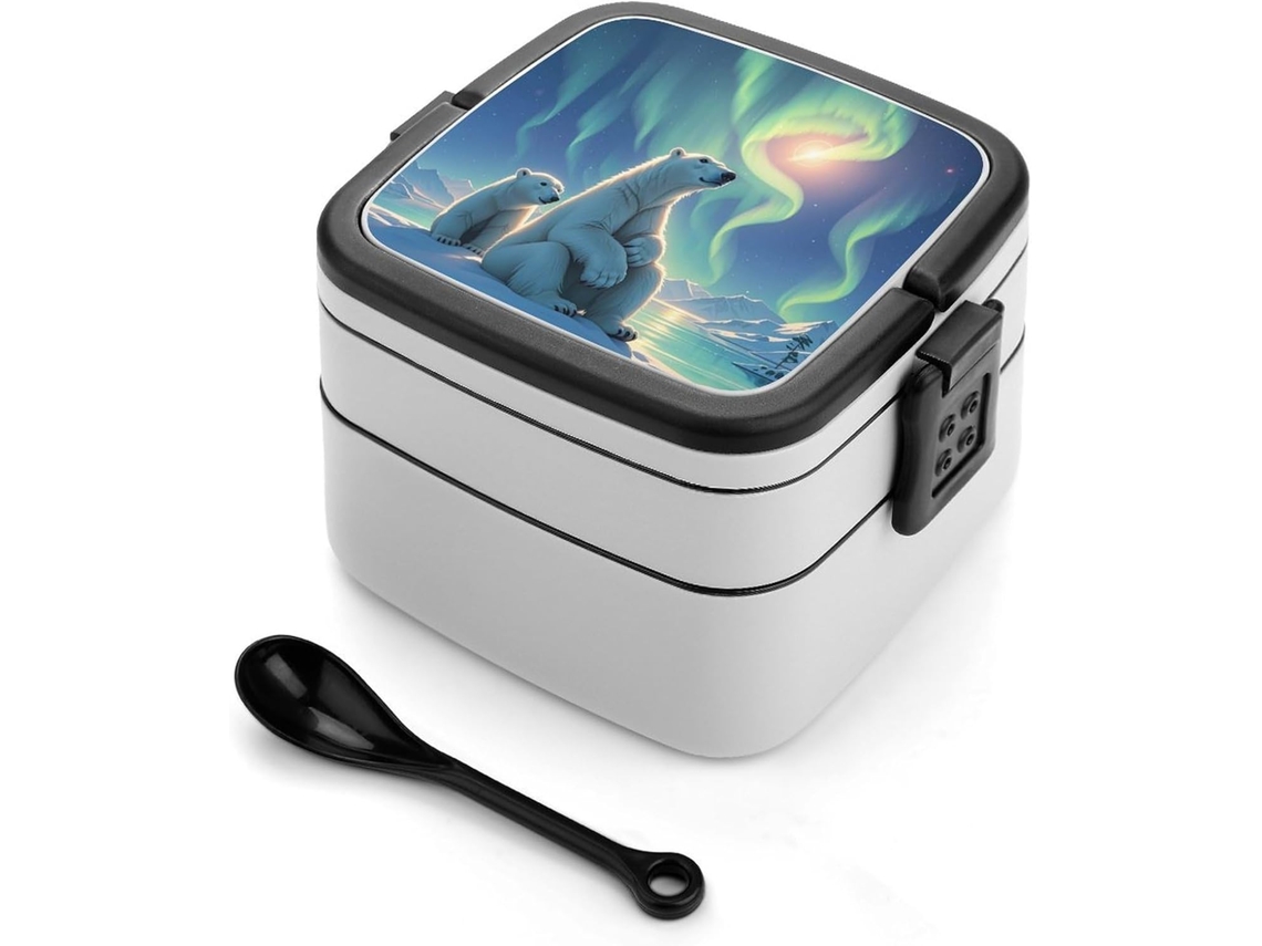 Lancheira Para Adultos Com Colher, Estampa De Ursos Polares E Aurora Boreal Linda Lancheira Camada Dupla, Empilhável, À