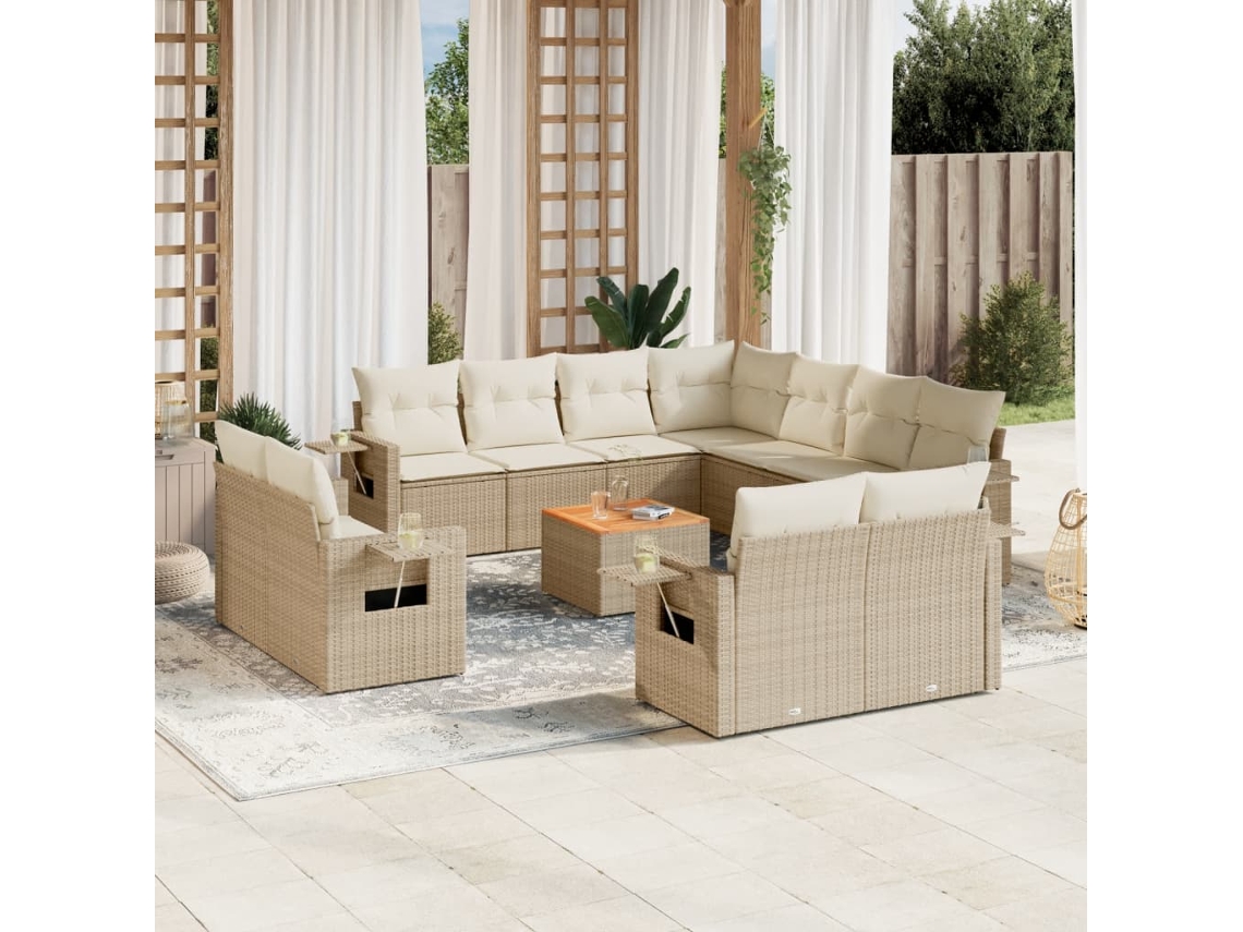 Vidaxl 12 Pcs Conjunto De Sofás P/ Jardim Com Almofadões Vime Pe Bege
