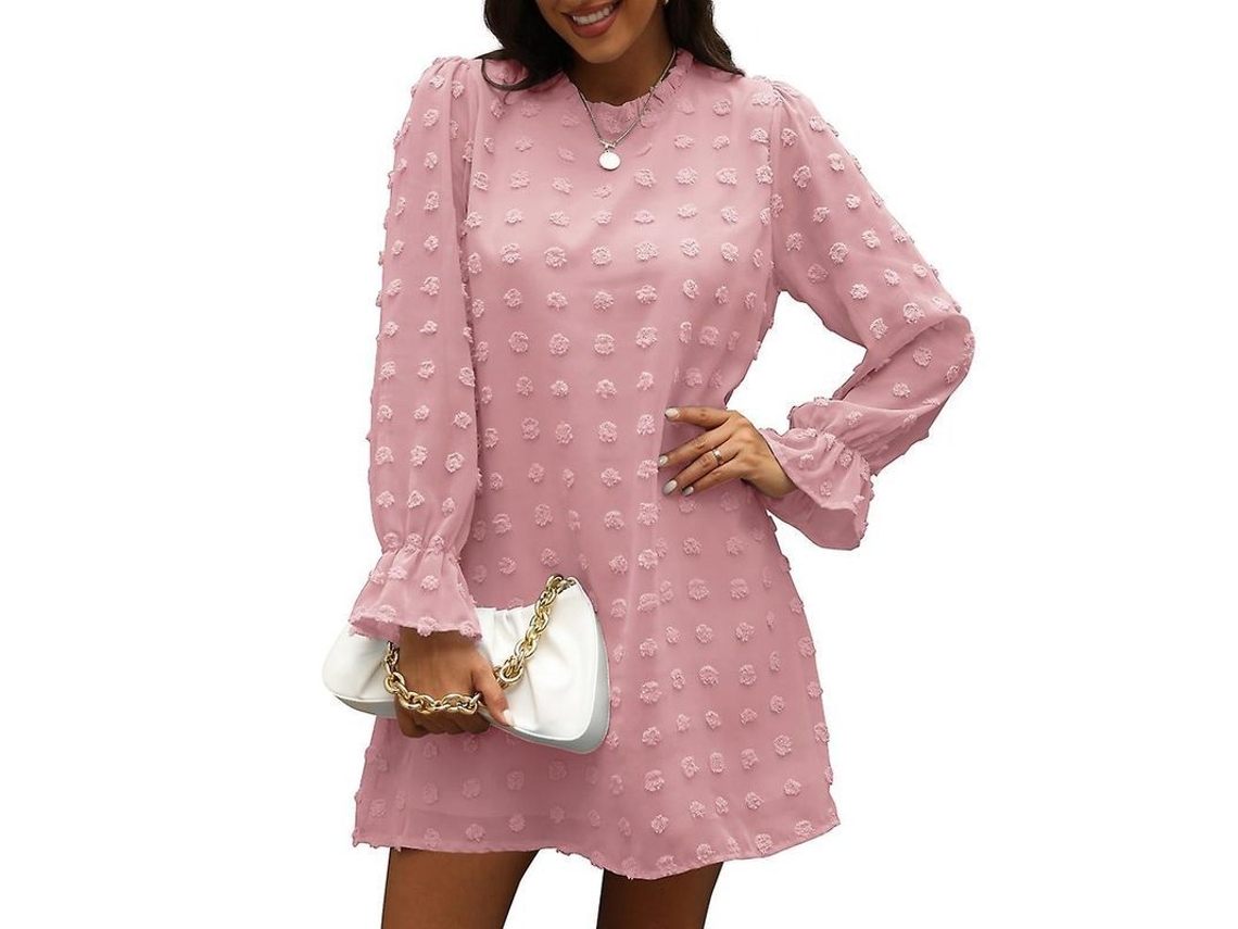 2026 vestido Midi de Chiffon Jacquard com Manga Longa e Gola em V para Mulher