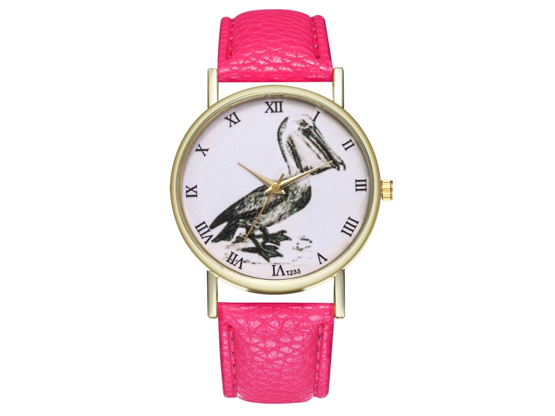 Relógio feminino Zhoulianfa de quartzo com pulseira de couro PU, mostrador redondo e estampa de pássaros, na cor vermelho rosado.