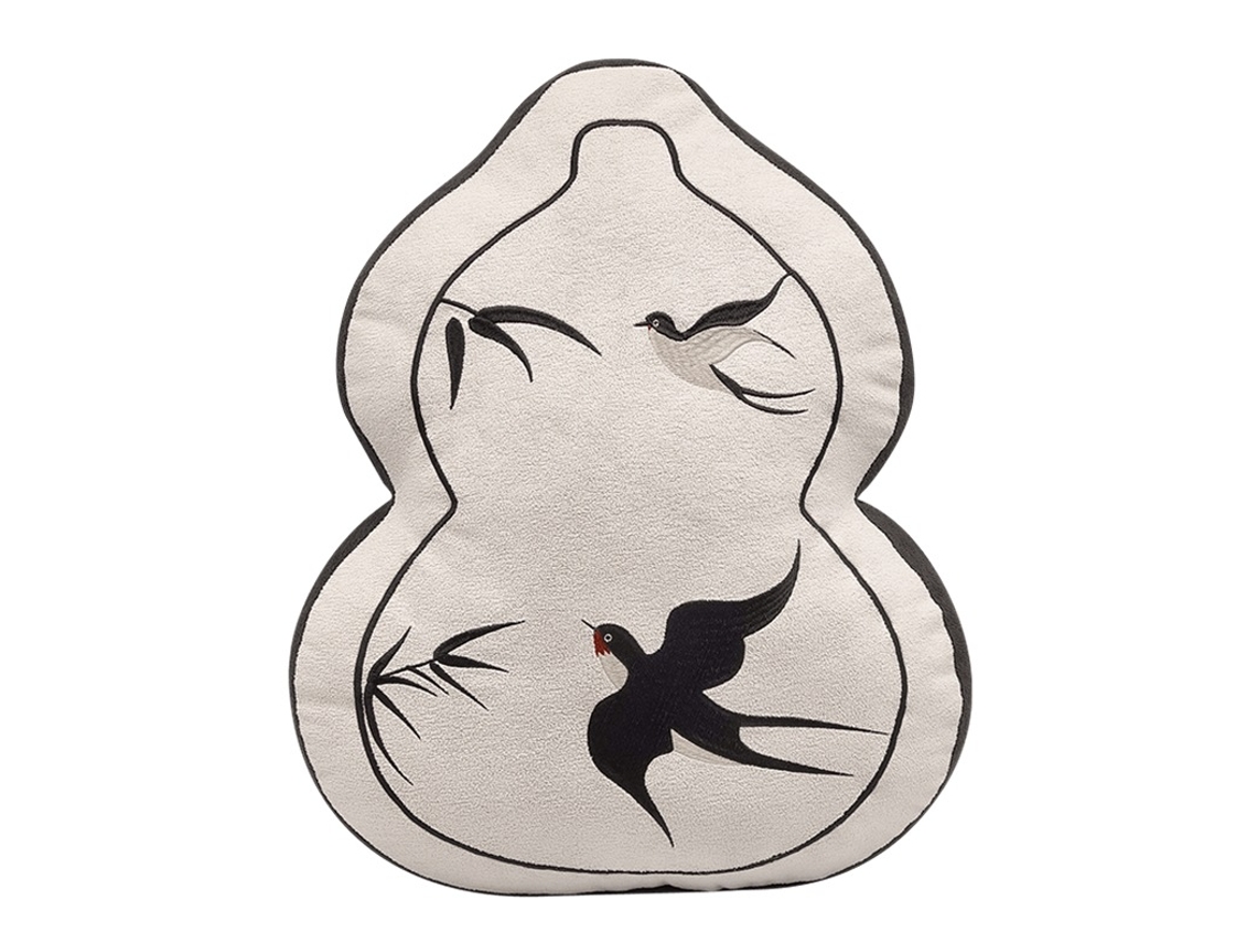Almofada Moderna de Pelúcia Estilo Novo Chinês com Pássaros e Cabaça para Decoração de Sala e Sofá Branca CHABERLU