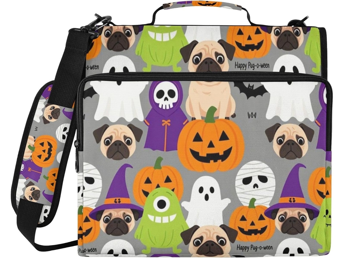 Pasta Organizadora Com 3-argolas, Alça E Vários Bolsos Documentos Tema Pug Feliz Halloween Ideal O Ensino Médio