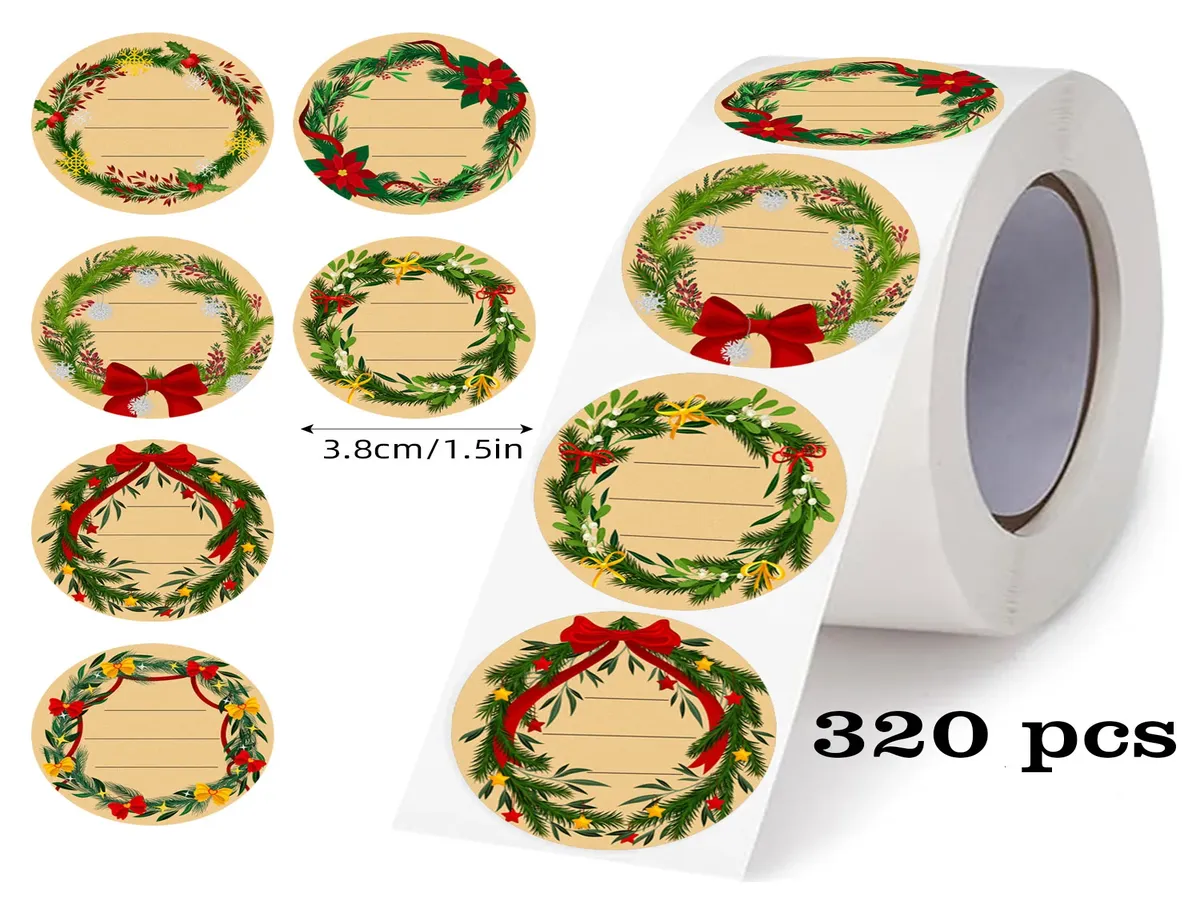 Etiquetas de papel Lurelia, 320 folhas, papel kraft, 3,8 cm, Natal, para embalagens e presentes.