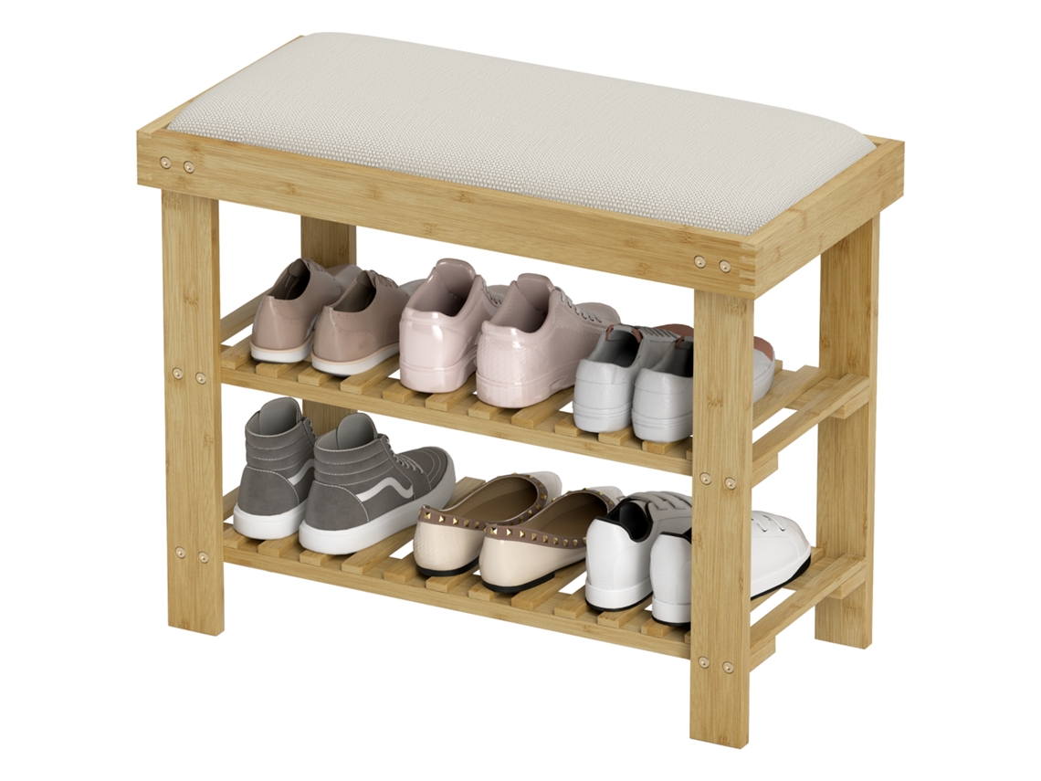 Banco Sapateira Bambu 2 Níveis (almofada Creme, 60x29x49 Cm)