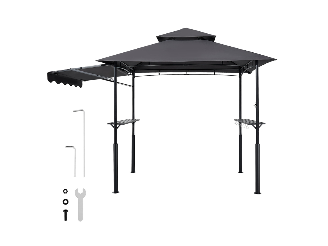 Gazebo para Churrasco, Abrigo Reforçado Churrasco com Revestimento em Pó 243 X 150 250 Cm Teto de 2 Níveis, Prateleiras Laterais, Ganchos e Toldo