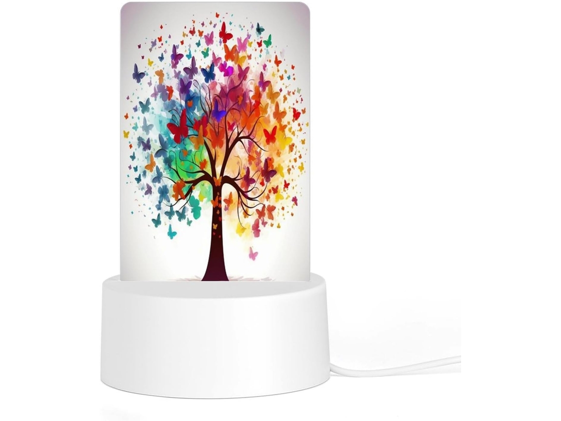 Luminária noturna LED de acrílico, plug and play, com base de plástico, árvore colorida com estampa de borboleta.