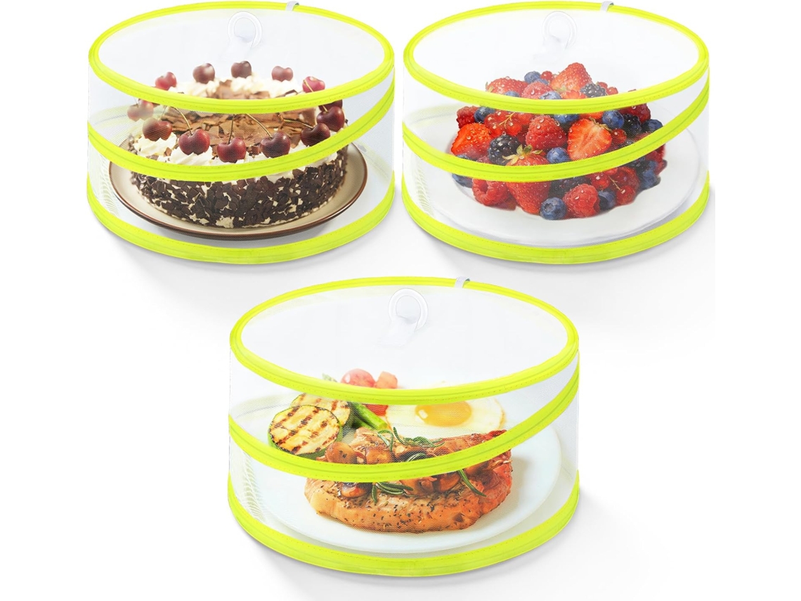 Conjunto de 3 capas dobráveis contra moscas para alimentos, redes para frutas e bolos, em dois tamanhos, rede mosquiteira e rede mosquiteira.