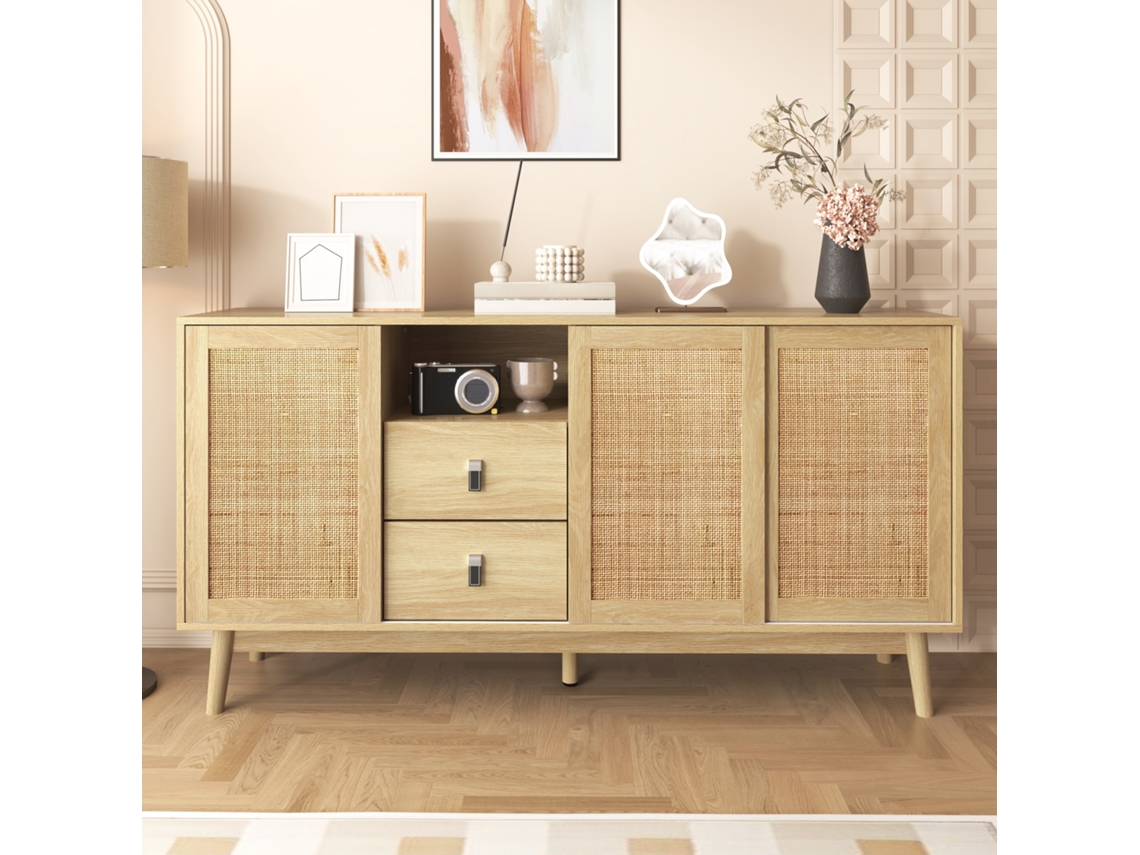 Buffet 155x38x80cm Três Portas Corrediças Em Vime Verdadeiro, Duas Gavetas, Sólido, Arejado E Versátil
