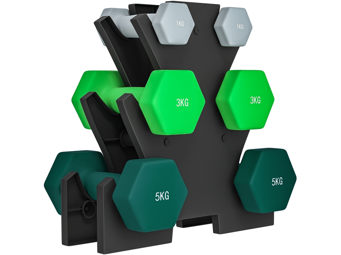 Conjunto de Halteres MEXUS com Suporte, 6 Halteres para Treinamento Físico, 2 x 1 Kg, 2 x 3 Kg, 2 x 5 Kg