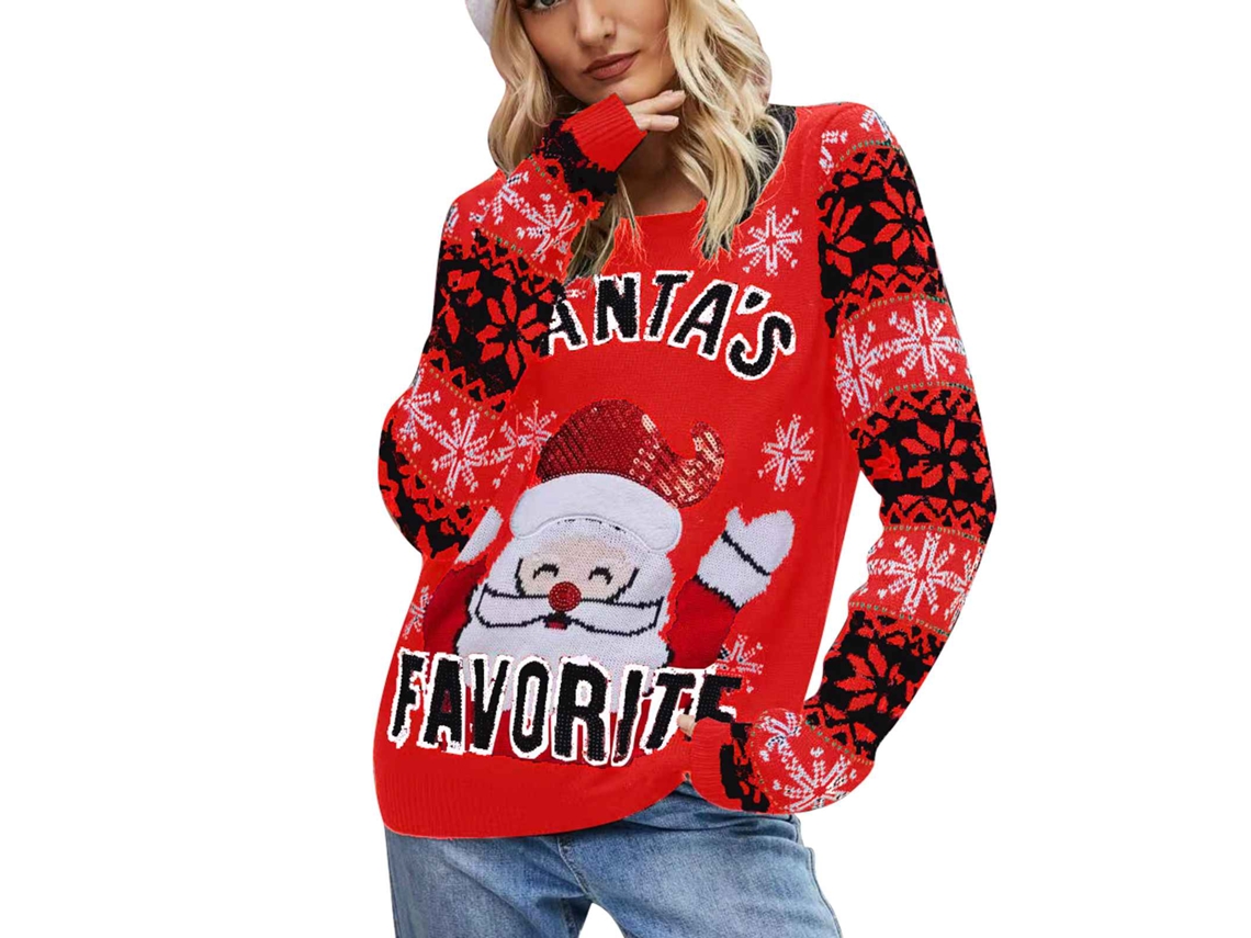 Laxiscreed Pulôver De Natal Feminino Em Crochê Com Flocos De Neve E Pai Natal, Branco M
