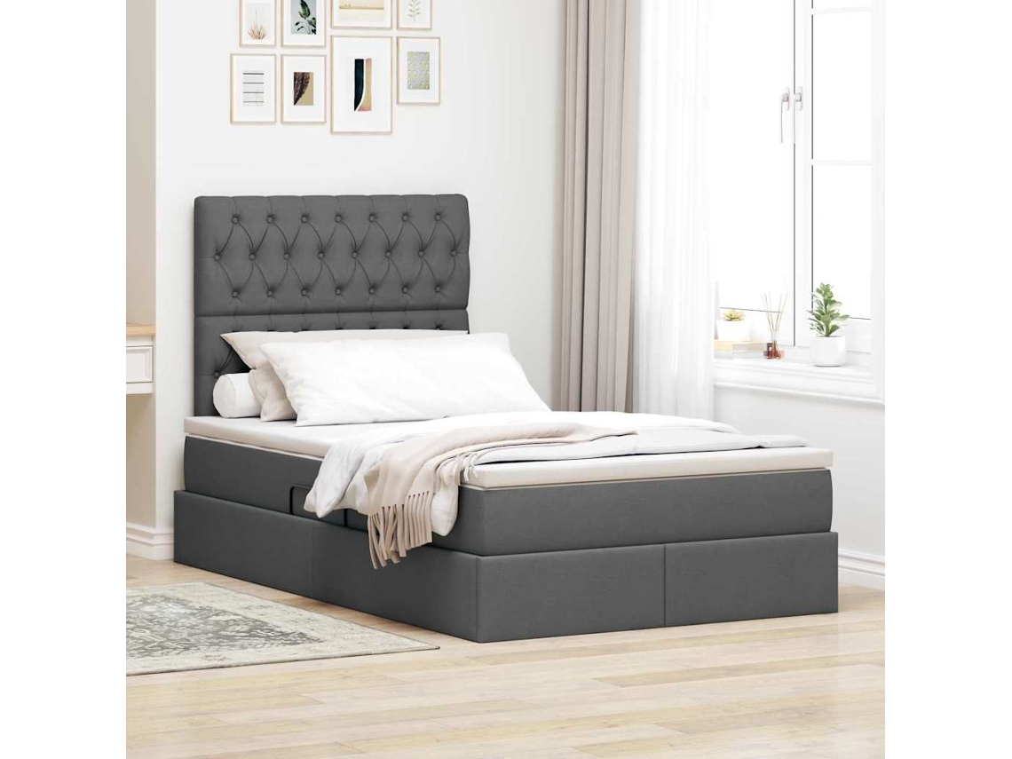 Vidaxl Cama Com Arrumação E Colchão Cinza Escuro 120 X 190 Cm Tecido