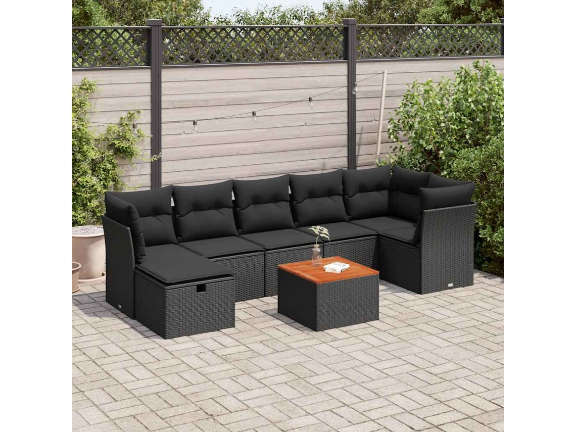 Vidaxl 8 Pcs Conjunto Sofás De Jardim Com Almofadões Vime Pe Preto