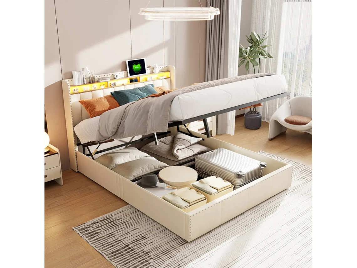 Cama Estofada 140x200cm,com Porta De Carregamento Usb E Iluminação Led,arrumação Hidráulica,cabeceira Multifunções,cama De Casal,veludo,bege Rosahqnda