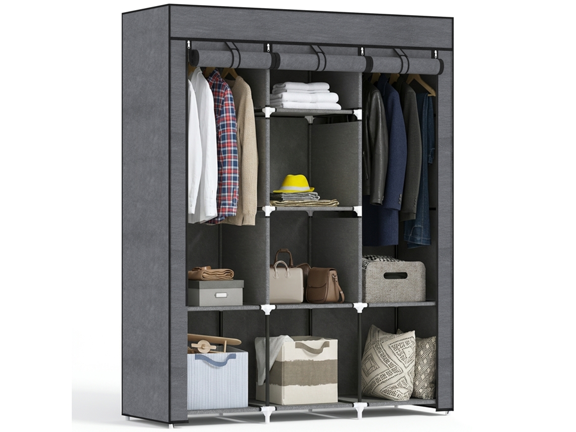 Guarda-roupa Multifuncional - 8 Prateleiras, 2 Varões Para Pendurar Roupas - Tecido Não Tecido Cinza