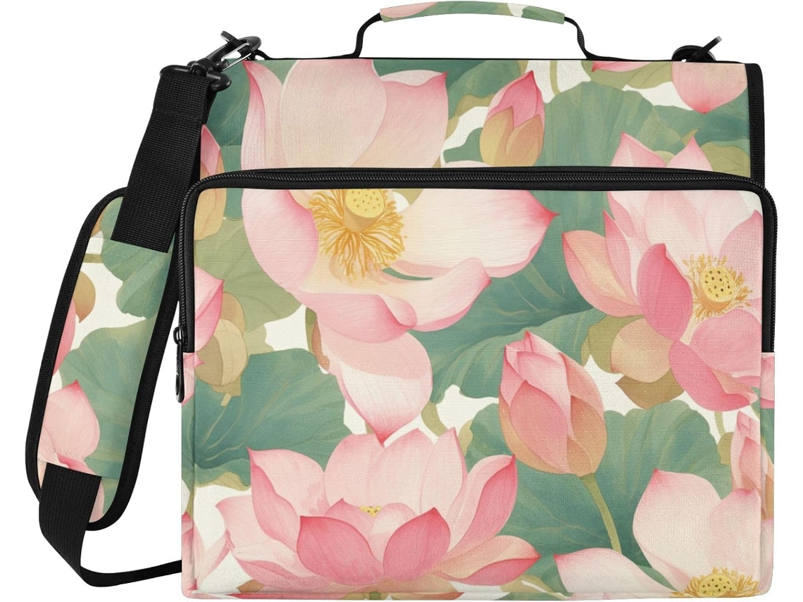 Pasta Organizadora Escolar Com Estampa De Lírio D Água Rosa Em Aquarela, 3 Argolas, Zíper De 3, 8cm, Alça, Vários Bolsos