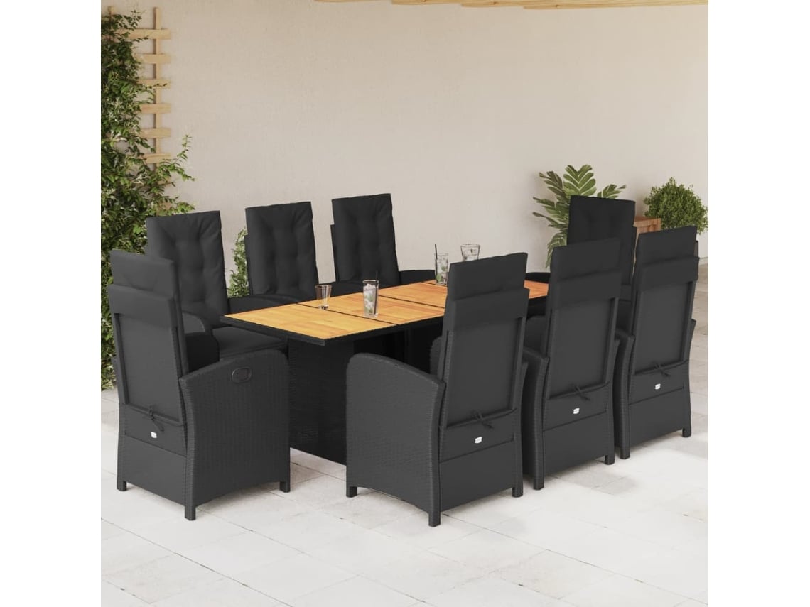 9 Pcs Conjunto De Jantar P/ Jardim C/ Almofadões Vime Pe Preto Haochrymec