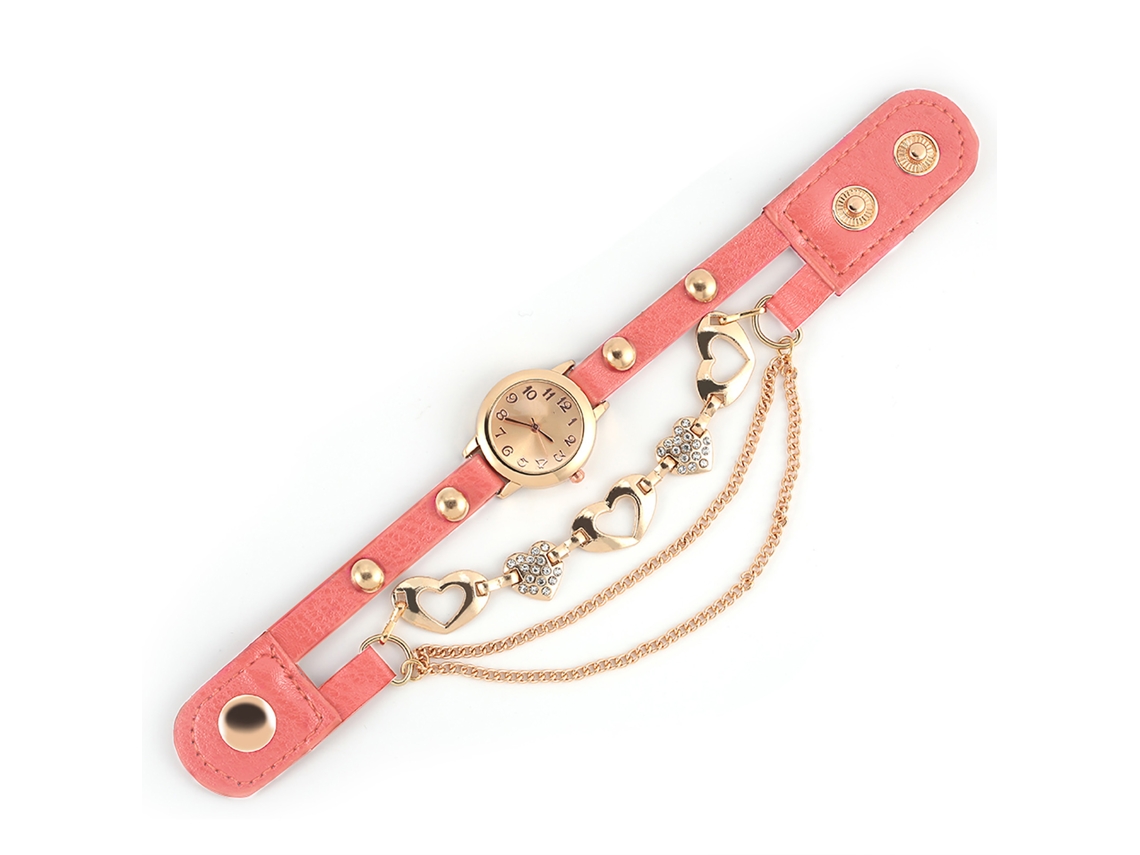 Relógio Pulseira Feminino Quartzo Liga com Strass Coração e Mostrador Redondo Rosa