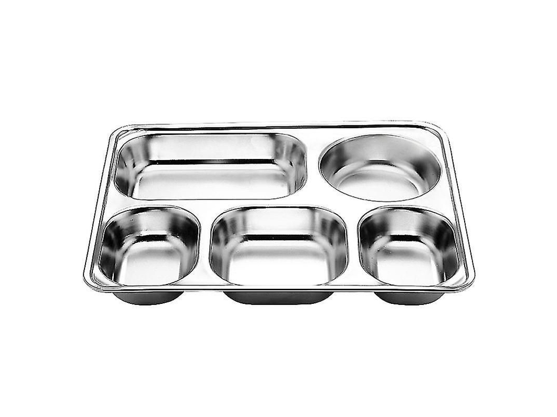 Bandeja de aço inoxidável com compartimentos para alimentos, ideal para refeitórios escolares, com 3/4/5 seções e 5 unidades.