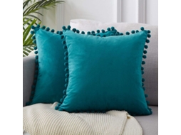 Capas de Almofada Nova Line Decorativa 45x45 Cm Veludo com Pom poms, Verde azulado