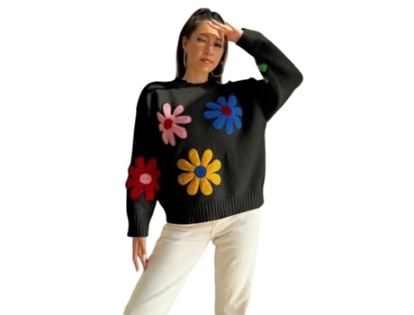 Camisola De Mulher Viviliyya Estampa Flores Longa Preto (m)