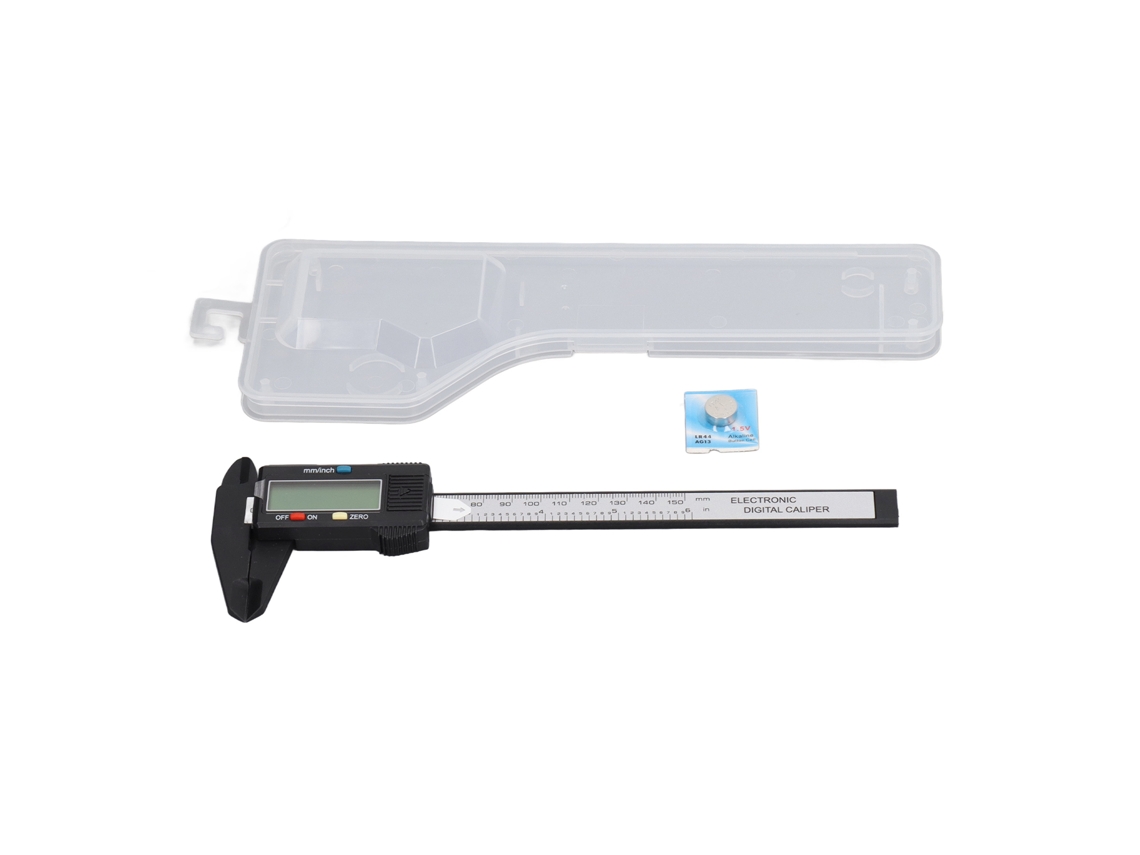 Paquímetro digital LCD com escala dupla de 0 a 150 mm em ABS para medição e testes.