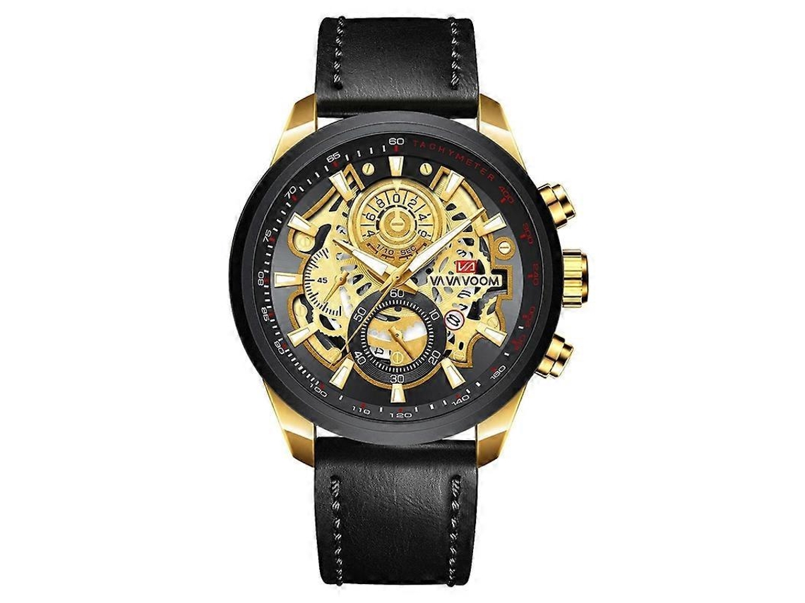 Relógio Vava Voom 2311p-jh1 Preto E Dourado Com Cinto Em Concha, Resistente À Água, Esportivo, Luminoso, Calendário, Casual, Quartzo, Vazado