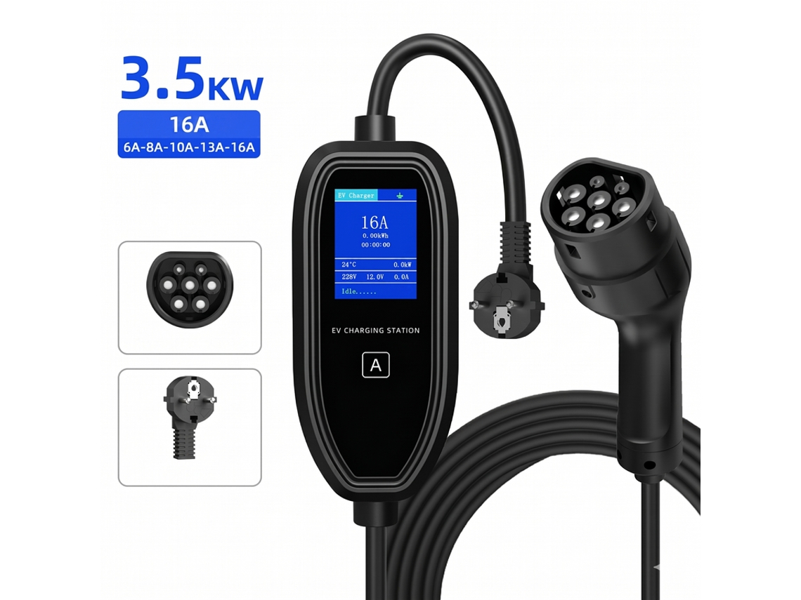 Carregador Portátil Carro Elétrico Tipo 2 SZSMART K09 3.5kw 16a Monofásico Ajustável, App/ecrã Led, Ficha Schuko, Cabo 5m