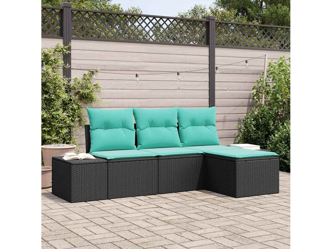 Vidaxl Conjunto De Sofá De Jardim 4 Unid. Preto E Turquesa Vime Pe