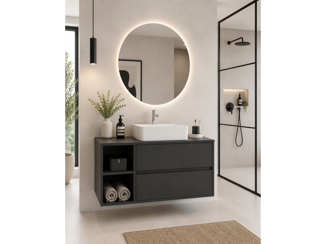 Móvel De Casa De Banho Com Bancada De Madeira E Lavatório De Pousar Origenbath Zeus Sem Espelho 70x45 Cm Esquerda Grafite