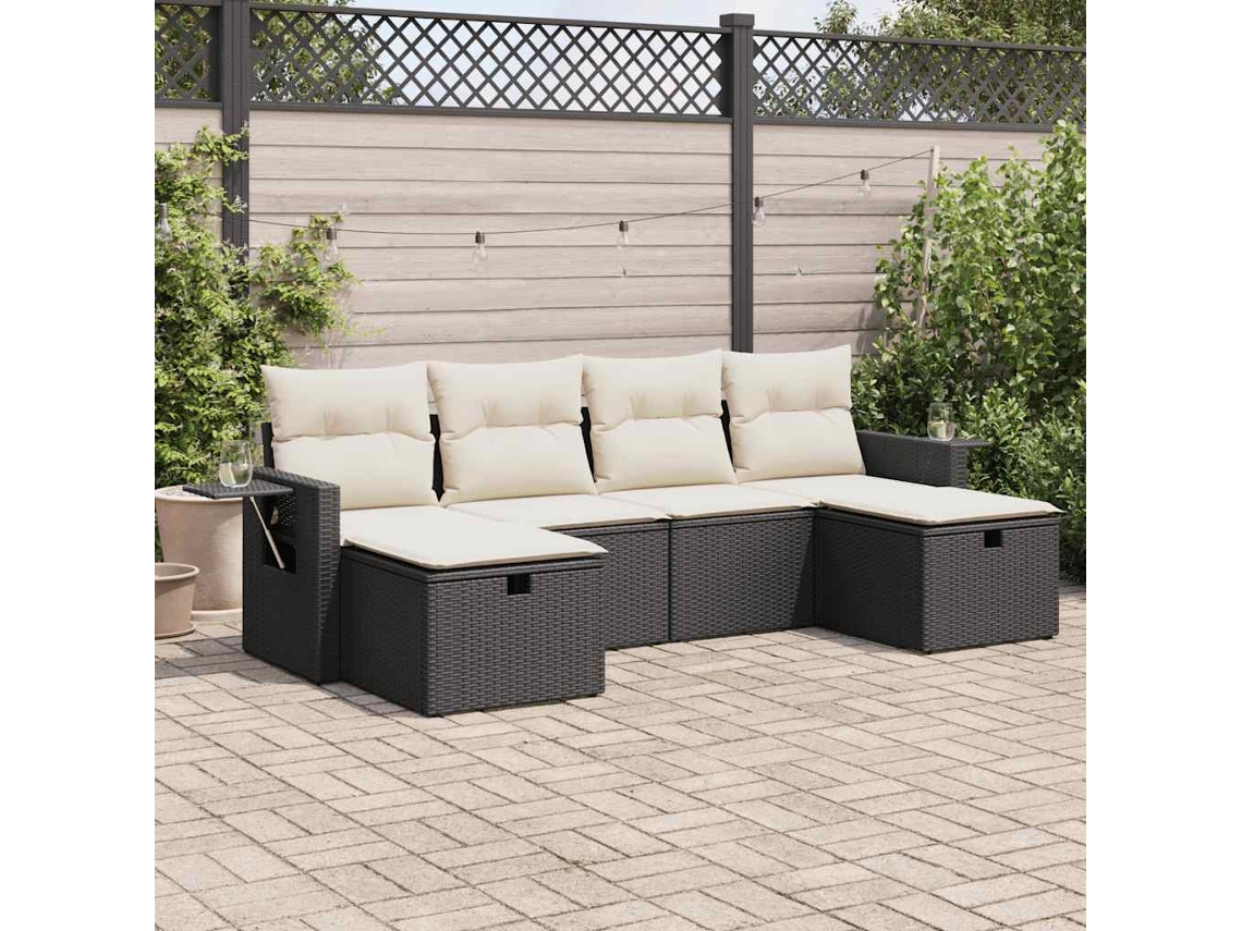 Vidaxl 6 Pcs Conjunto Sofás De Jardim C/ Almofadões Vime Pe Preto