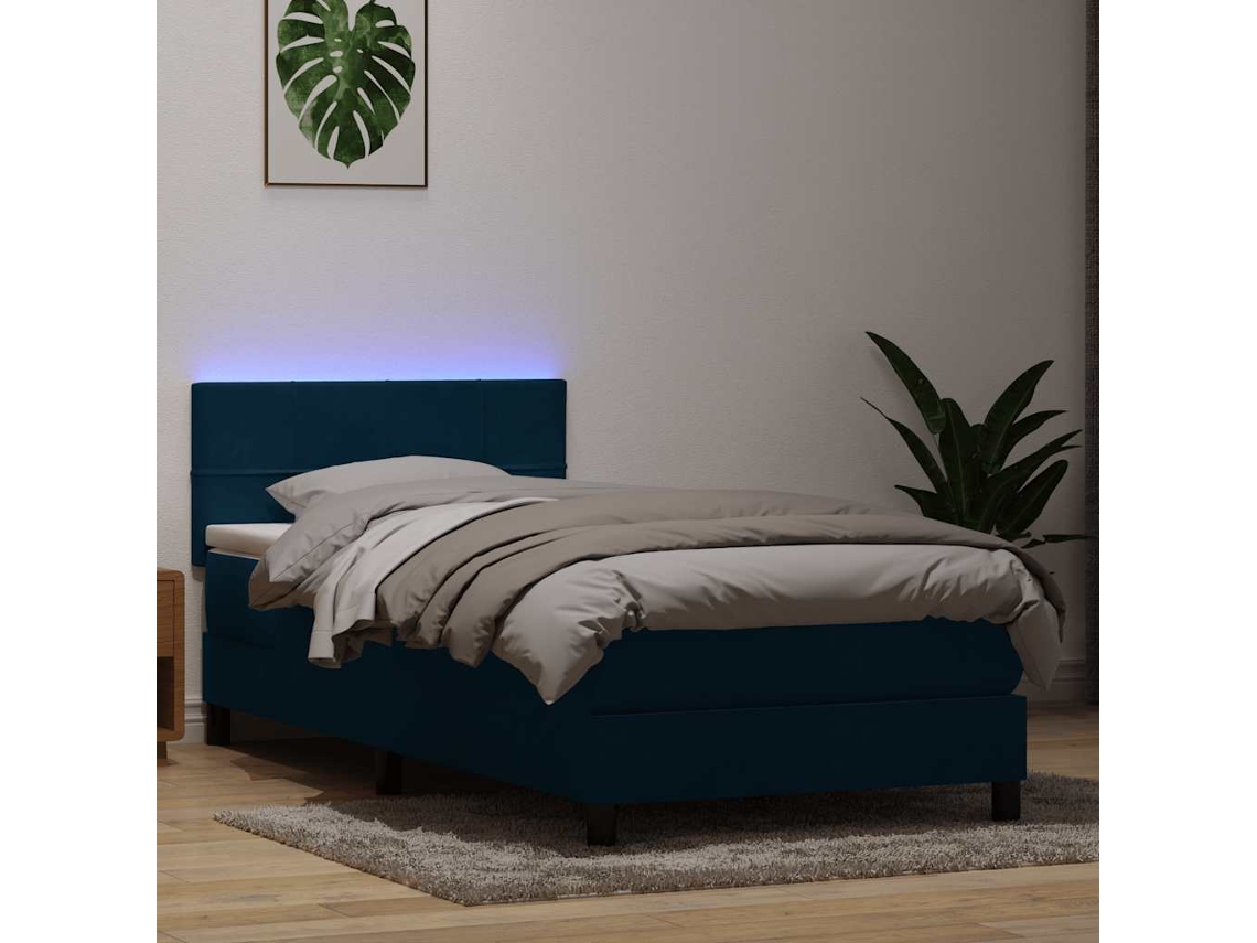 Vidaxl Cama Box Spring C/ Colchão E Led Azul-escuro 80x210 Cm Veludo