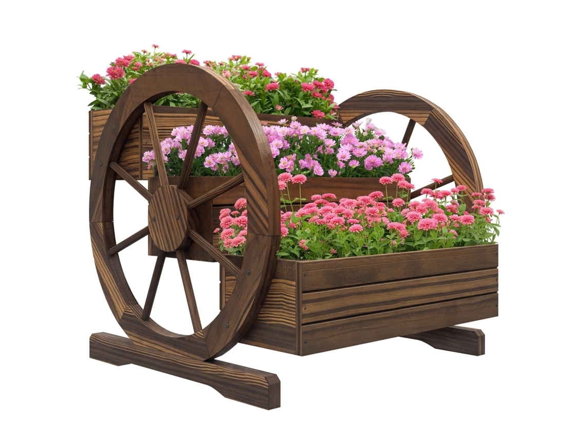Carrinho de jardim 3 andares, jardineira rústica com rodas, vaso suspenso com drenagem 62x61x57cm BTFORUS