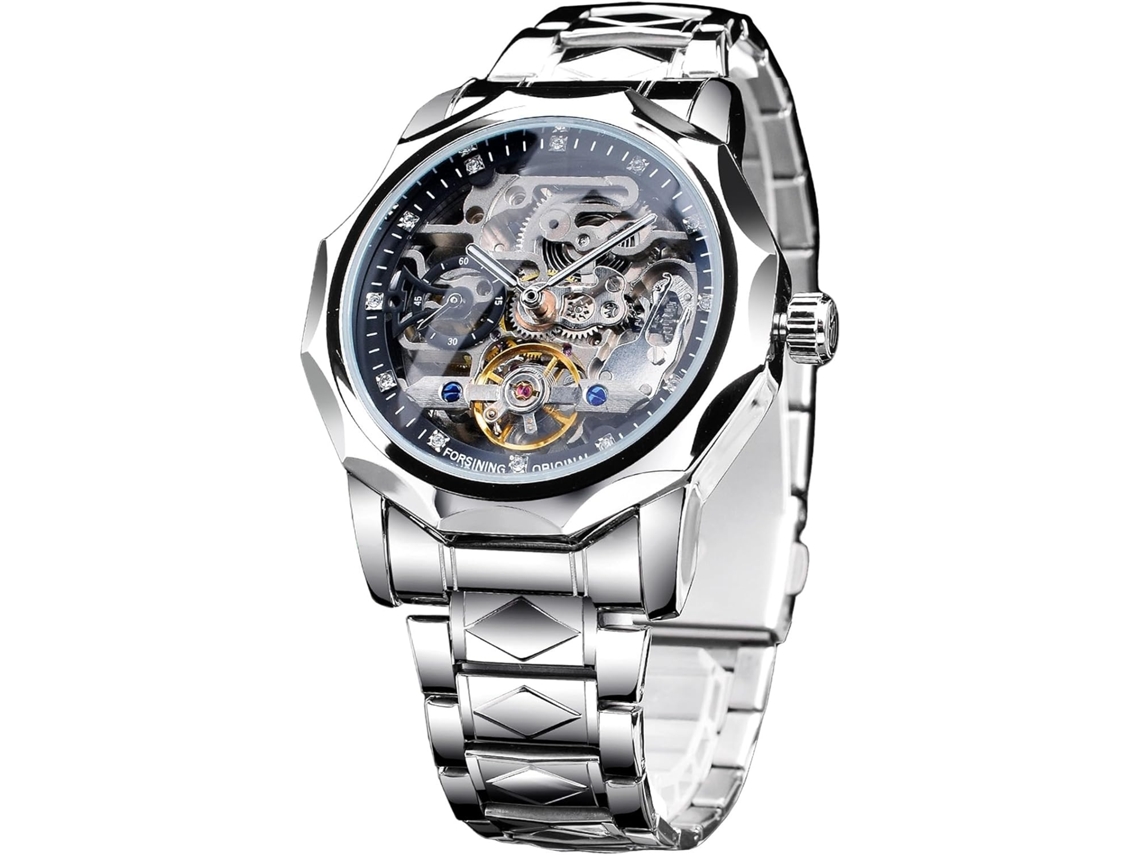 Lurelia Relógio Mecânico Masculino, Automático, Luminoso, Detalhes Com Strass, Mostrador Esqueleto, Turbilhão, Aço Inoxidável, Vidro Mineral