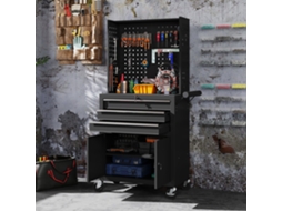 Carrinho organizador preto, 3 gavetas, painel perfurado, prateleira ajustável, fechadura, 69x33x133cm