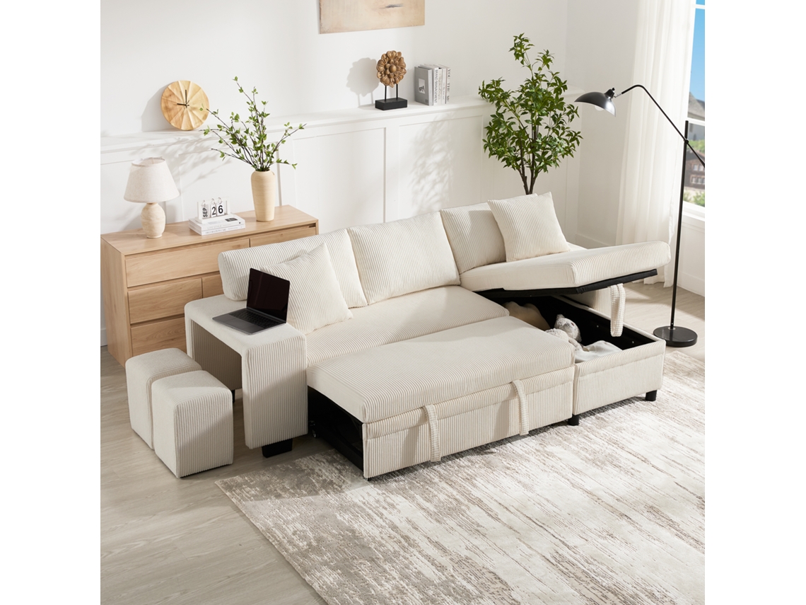 Sofá-cama Dobrável Em L Com Carregador Usb, Almofadas, Gaveteiro E Baú.