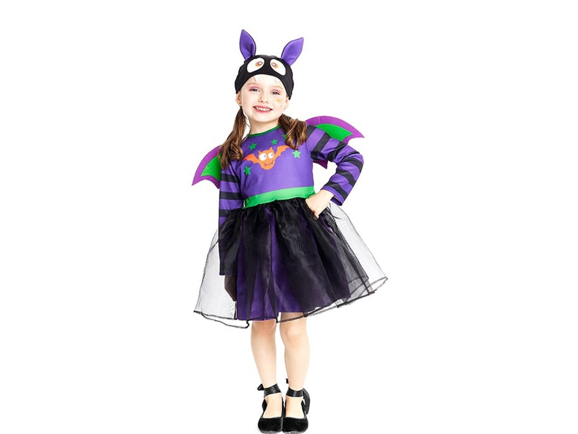 Fato de morcego roxo com chapéu e asas para bebé e menina