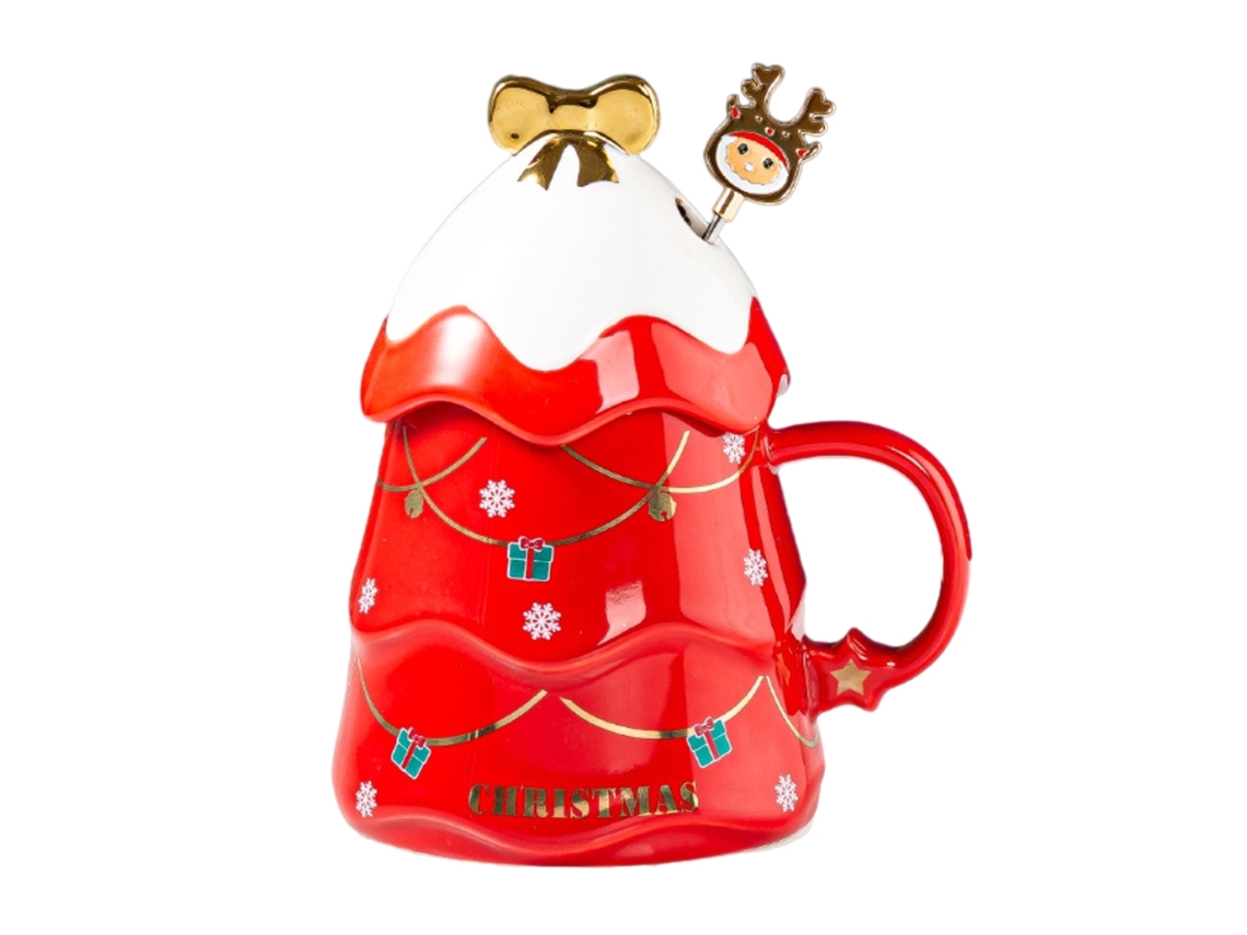 Canecas de Natal Cerâmica 500ml com Tampa e Colher