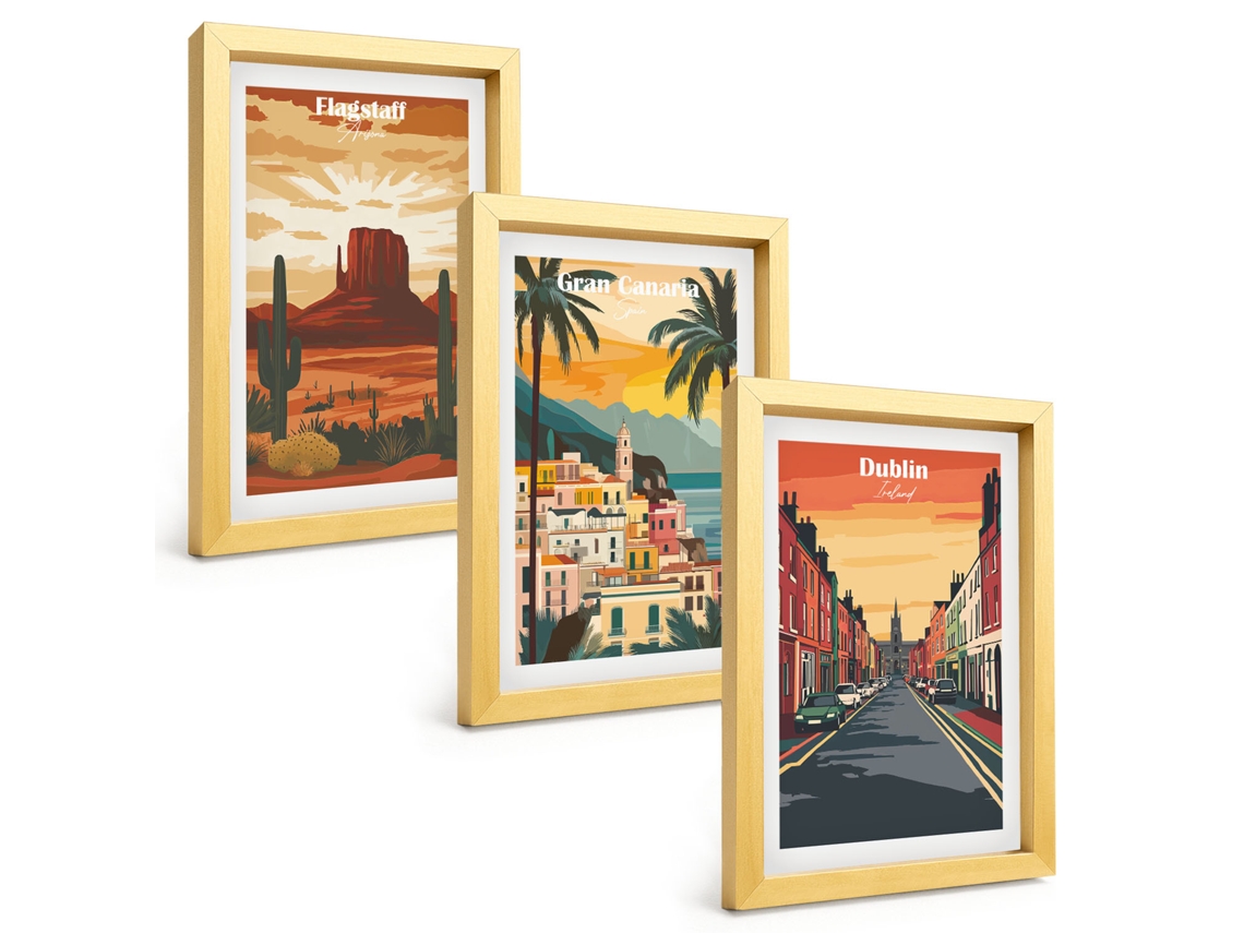 Composição De Quadrospaisagens De Cidades Naturais Moldura Dourada Imagens Para Um Quarto Infantil Espelharte (3 Peças 20x30 Cm)