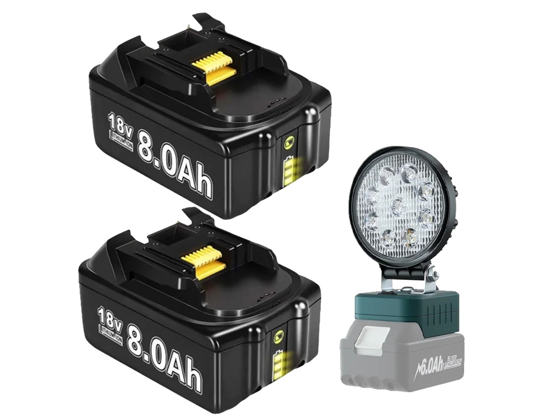 Bateria para ferramenta elétrica, capacidade de 8000 mAh, compatível com BL1830, 2 baterias de 8 Ah, 1 luz de trabalho OEM