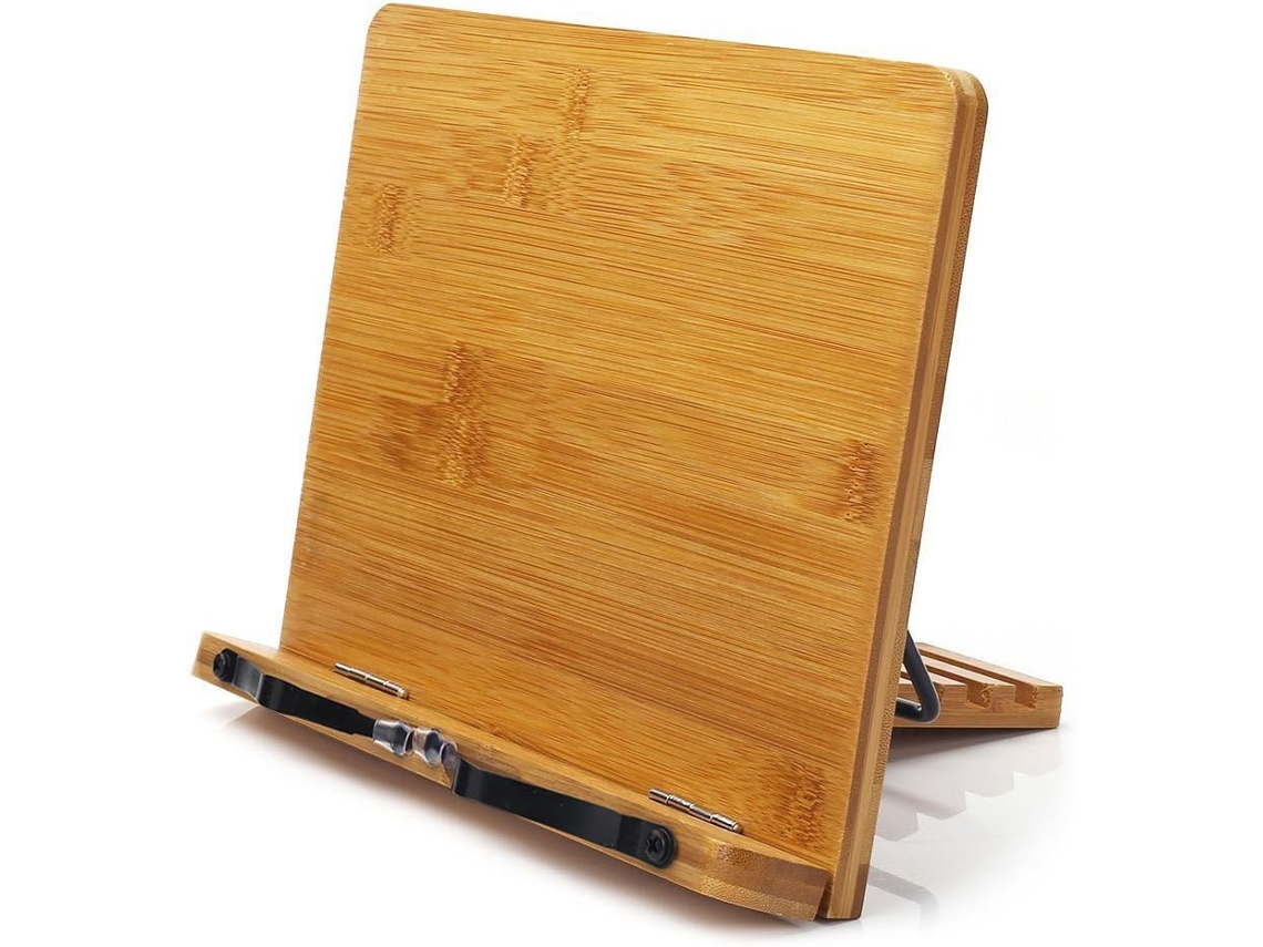 Suporte para livros de receitas Slowmoose, suporte ajustável de bambu para livros com compartimento e suporte lateral