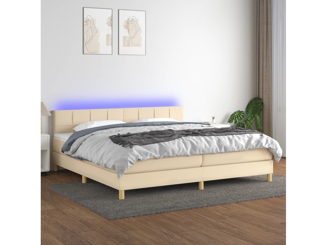 Vidaxl Cama Box Spring C/ Colchão E Led 200x200 Cm Tecido Cor Creme