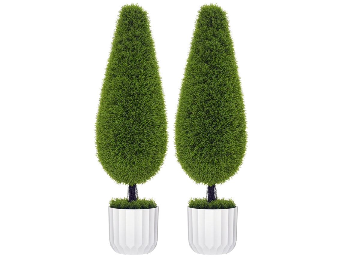 Conjunto de 2 plantas artificiais, incluindo vaso e musgo artificial. Cipreste artificial, branco e verde.