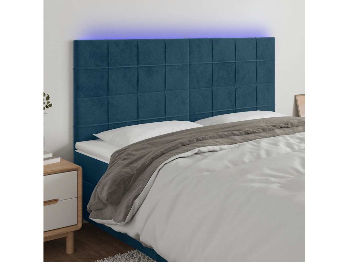 Cabeceira | Painel De Cama Cama C/ Luzes Led Veludo 160x5x118/128cm Azul-escuro