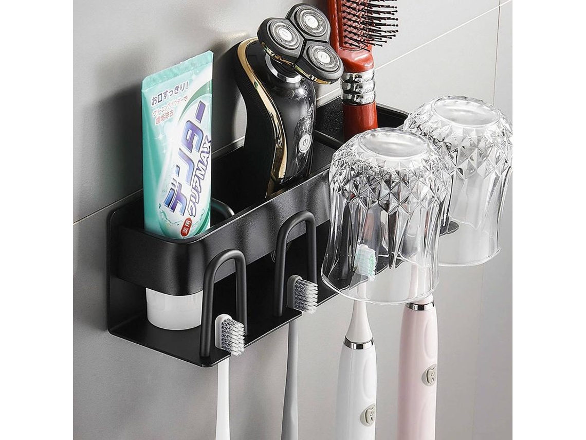 Portacepillos De Pared Sin Taladrar Con Taza Invertida Y Compartimentos Para Baño