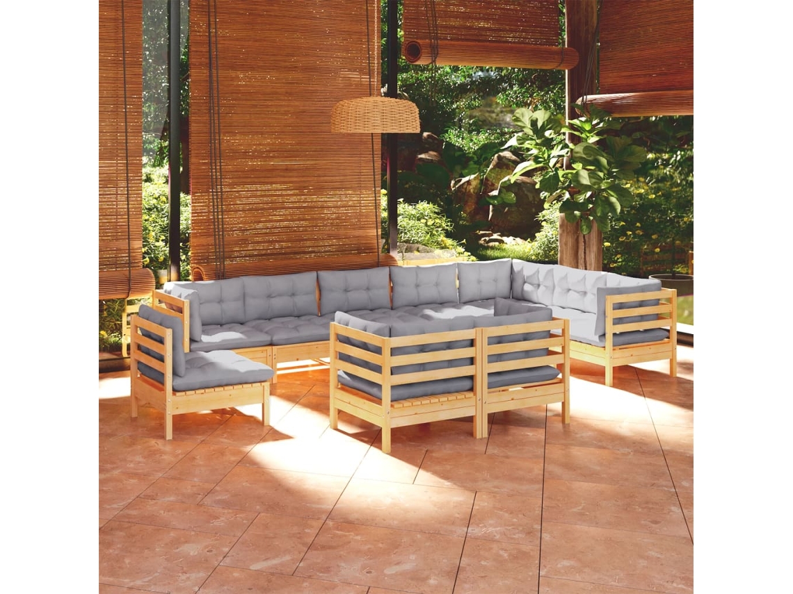 10pcs Conjunto Lounge De Jardim Almofadões Cinza Pinho Maciço Dkd Home Decor