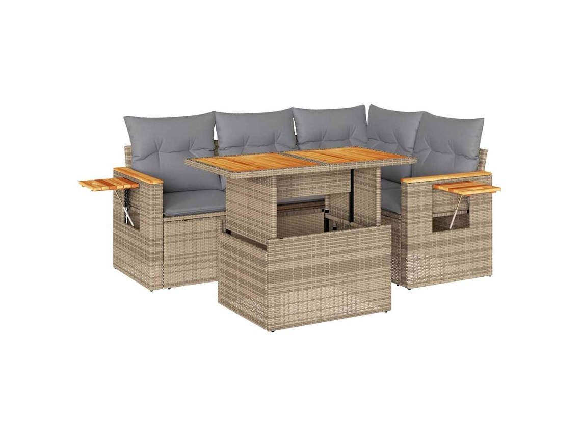 Conjunto Sofás de Jardim 5 Pcs com Almofadões Vime Pe/Acácia Bege MAISON EXCLUSIVE (5 pcs)