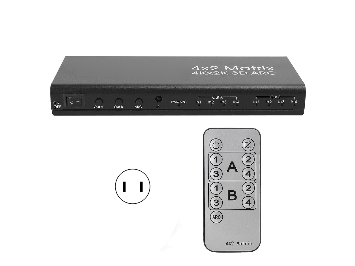 Distribuidor de matriz hdmi 4x2 con salida óptica arc, control remoto, compatible con 4k 3d mhl
